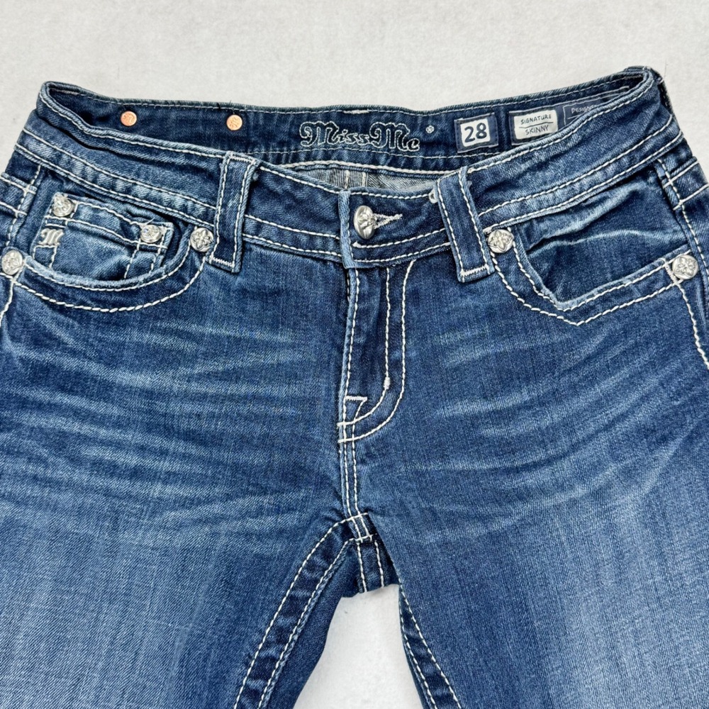 Miss Me Signature Skinny Jeans Dark Wash Embellished Flap Pocket JP6319S Size 28 - Picture 4 of 8